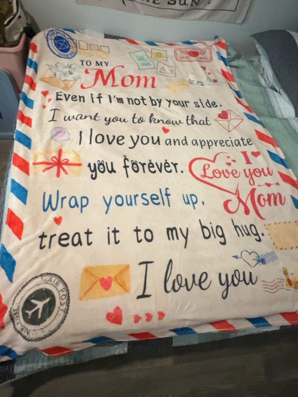 Blanket for Mom - Love You Printed Throw in Cream, Red, Blue